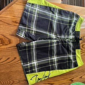 Tony Hawk Black Plaid Swim Shorts with Lime Accents